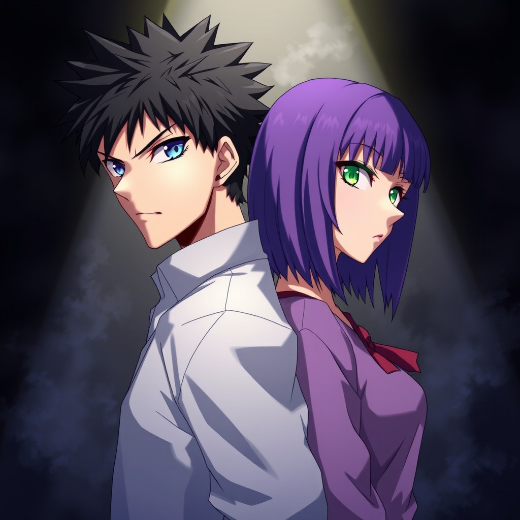 A striking anime-style illustration featuring a man with short black spiky hair and vibrant blue eyes standing back to back with a woman who has short straight purple hair and bright green eyes