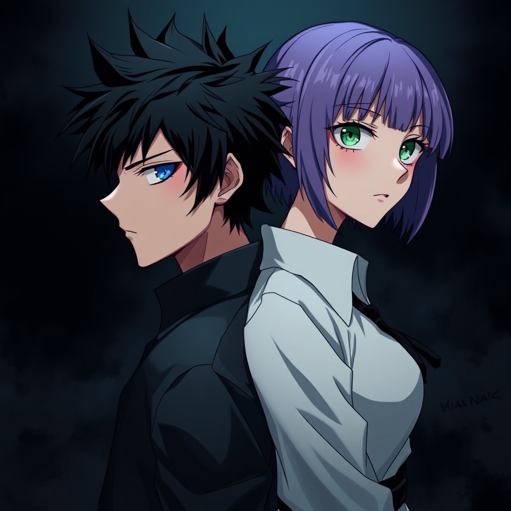 An evocative anime-style illustration featuring a man with short black spiky hair and piercing blue eyes standing back to back with a woman who has short straight purple hair and captivating green eyes