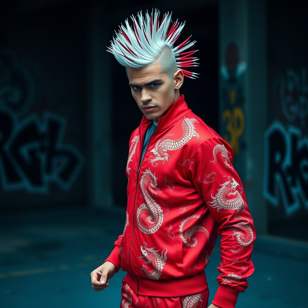 A man with a white mohawk hairstyle featuring red streaks, dressed in a vibrant red tracksuit adorned with bold dragon prints
