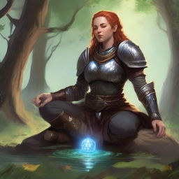 energy floats around a female dwarven kineticist that meditates amid nature while wearing her heavy armor