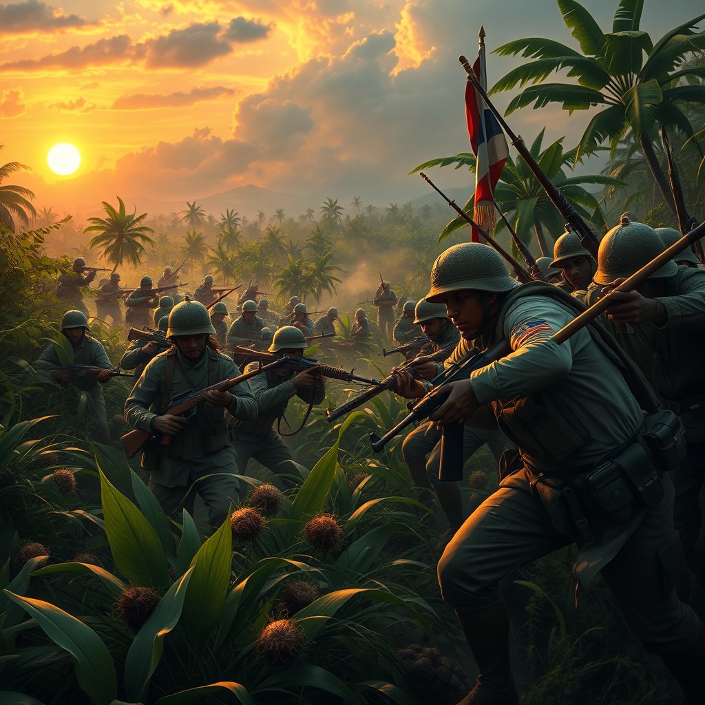 An intense battlefield scene depicting a historic confrontation between Cambodian and Thai troops, featuring soldiers in traditional and modern military attire from both nations