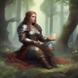 energy floats around a female dwarven kineticist that meditates amid nature while wearing her heavy armor