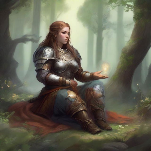 energy floats around a female dwarven kineticist that meditates amid nature while wearing her heavy armor