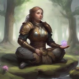 energy floats around a female dwarven kineticist that meditates amid nature while wearing her heavy armor