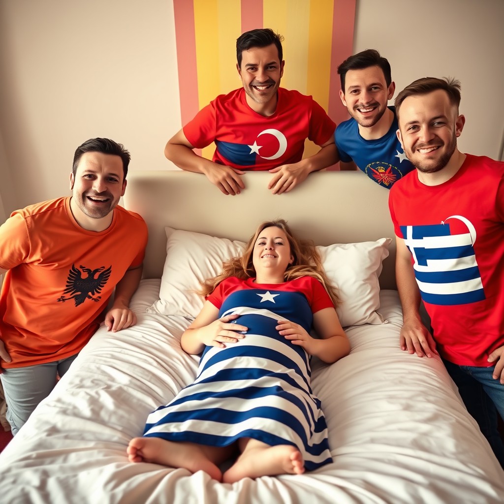 A scene depicting a joyful man on the left wearing an Albania flag t-shirt, smiling brightly