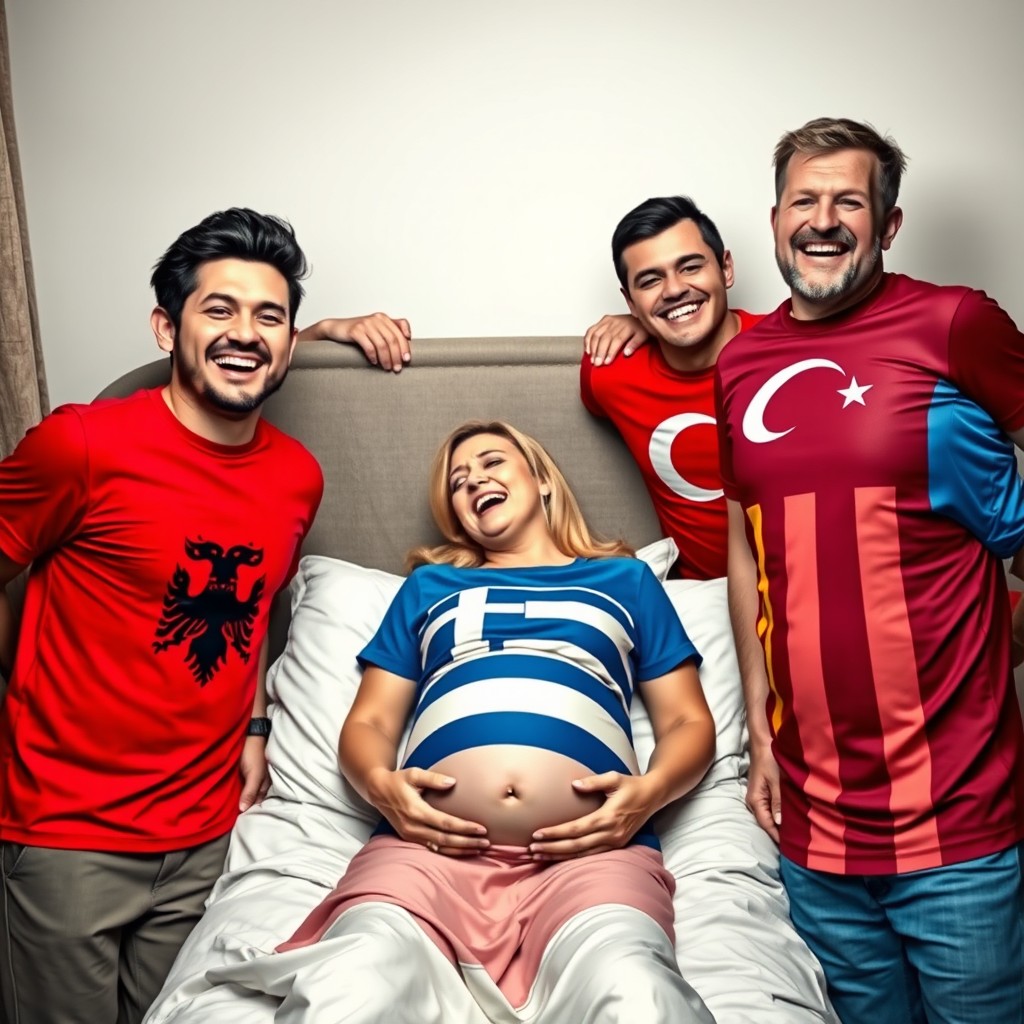 A scene featuring a cheerful man on the left wearing an Albania flag t-shirt, smiling joyfully