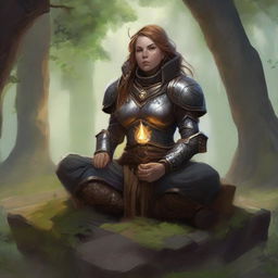 energy made from splinters and earth floats around a female dwarven kineticist that meditates amid nature while wearing her heavy armor