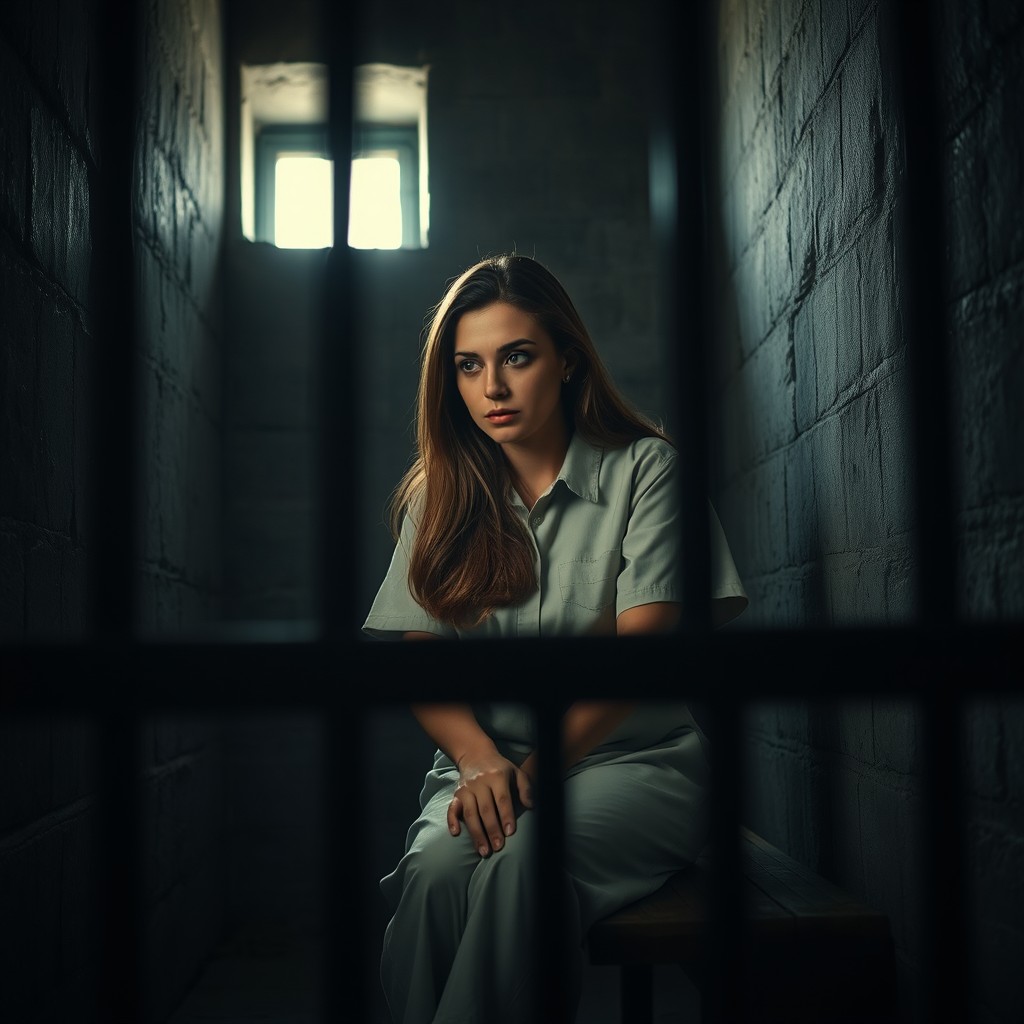 A contemplative woman sitting on a bench inside a dimly lit prison cell