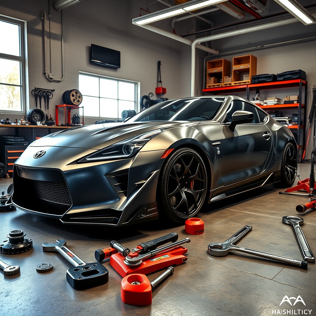 A custom automobile modification scene showcasing an impressive body kit installation and a stunning wheel change on a sleek sports car