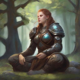 energy made from splinters and earth floats around a female dwarven kineticist that meditates amid nature while wearing her heavy armor