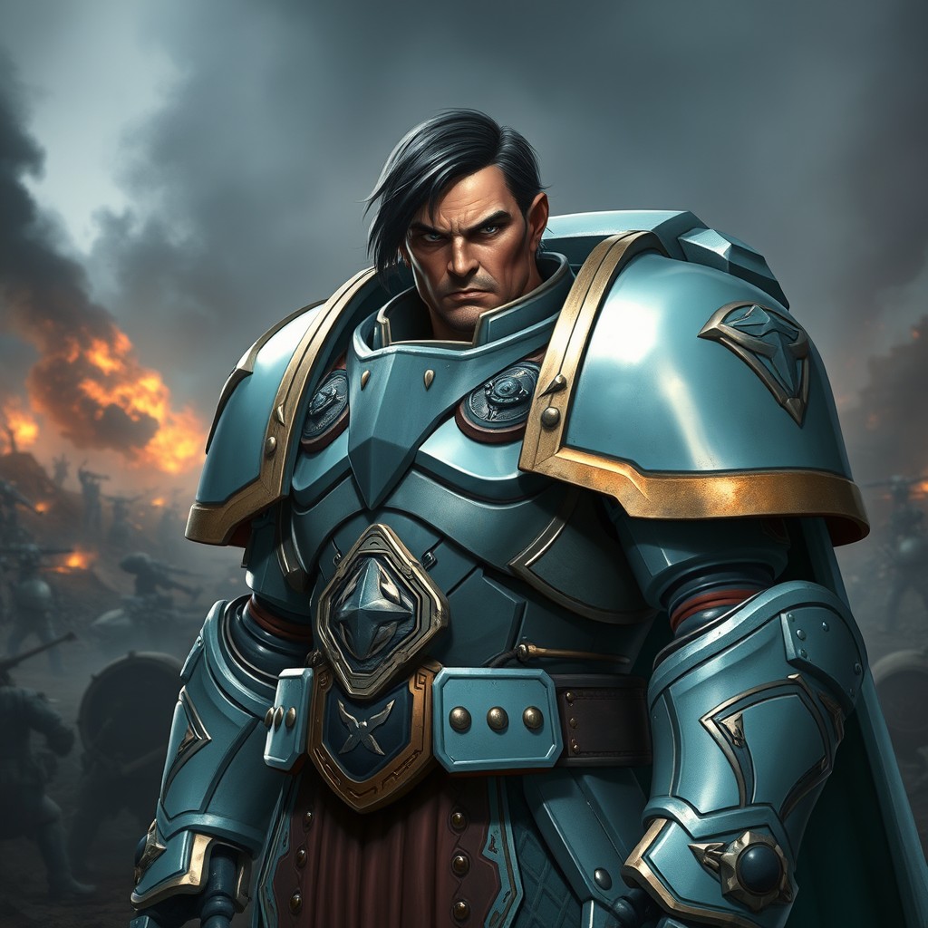 A powerful and imposing Warhammer Primarch, featuring a striking design with short black hair and an intricate suit of glossy light blue armor