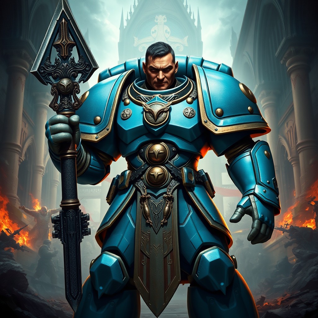 A Warhammer 40k Primarch, depicted as a powerful and heroic figure