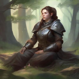 energy made from splinters and earth floats around a female dwarven kineticist that meditates amid nature while wearing her heavy armor