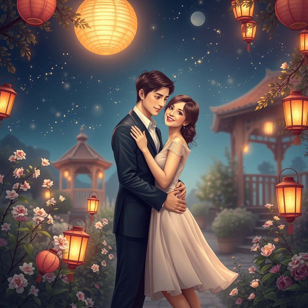 A beautifully romantic scene depicting two lovers embracing under a starlit sky, surrounded by softly glowing lanterns in a lush garden