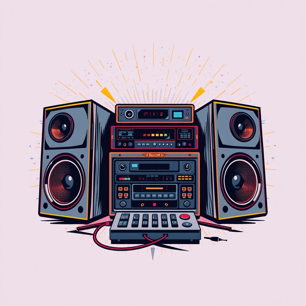 A stylish t-shirt design featuring a vibrant illustration of a sound system pickup connected to large speakers, celebrating the 