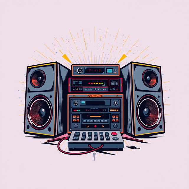 A stylish t-shirt design featuring a vibrant illustration of a sound system pickup connected to large speakers, celebrating the 