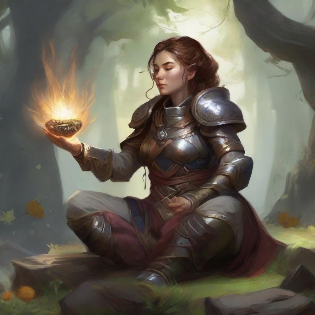 energy made from splinters and earth floats around a female dwarven kineticist that meditates amid nature while wearing her heavy armor