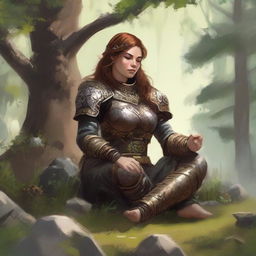 energy made from splinters and earth floats around a female dwarven kineticist that meditates amid nature while wearing her heavy armor