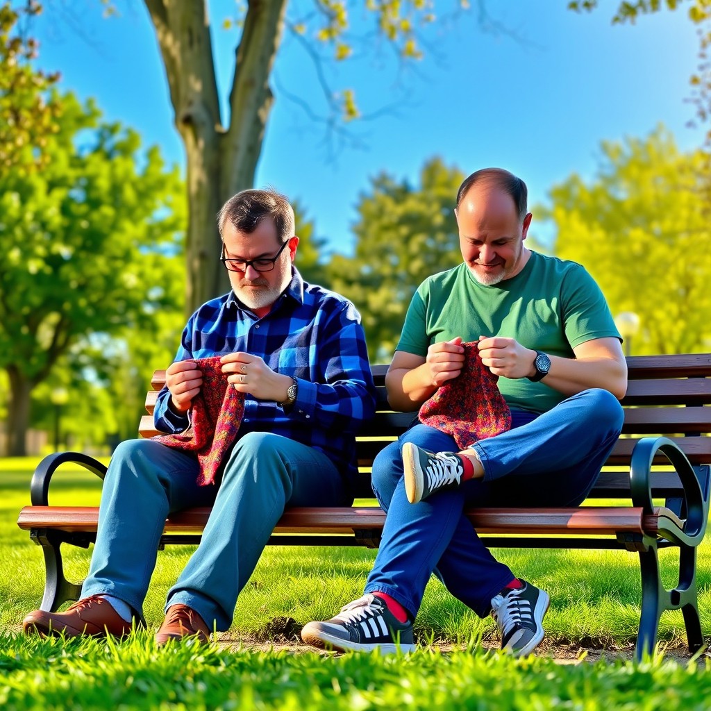 Two men sitting on a park bench, engaging in the cozy activity of knitting socks together