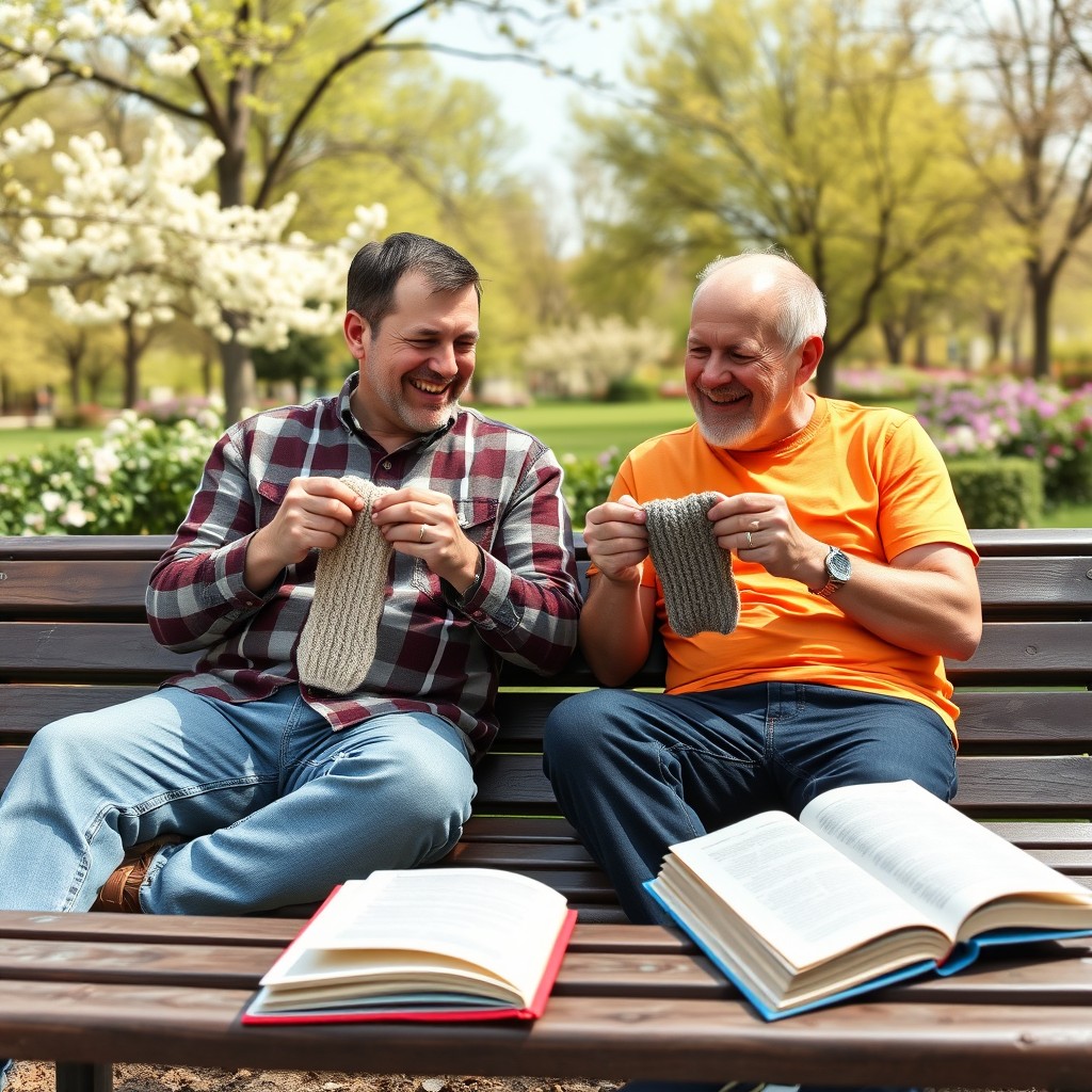 Two men sitting on a park bench, happily knitting socks together