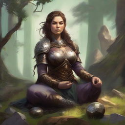 energy made from splinters and earth floats around a female dwarven kineticist that meditates amid nature while wearing her heavy armor