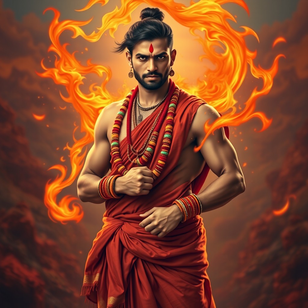 An Indian man dressed in a traditional dhoti, wearing colorful bangles on his wrists, exuding an aura of mystique and power