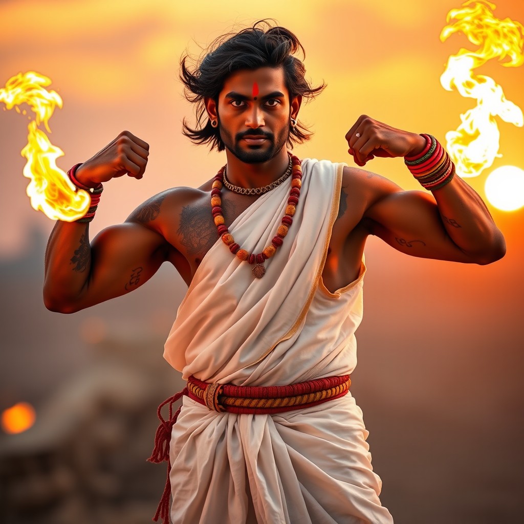 An Indian man wearing a traditional white dhoti and brightly colored bangles on his wrists, emanating an aura of fire power