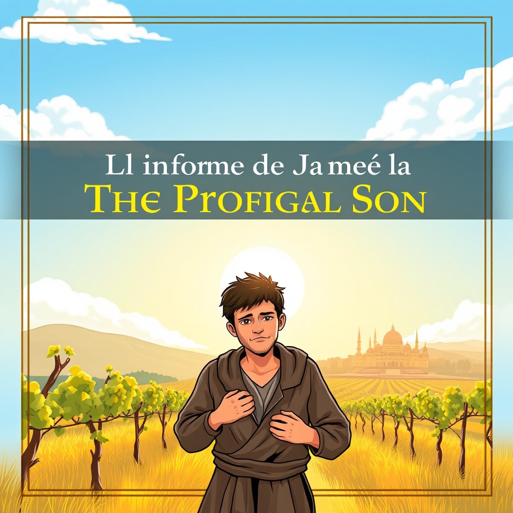 A cover design for a report titled 'The Prodigal Son Parable', featuring a serene landscape of a sunlit vineyard under a blue sky
