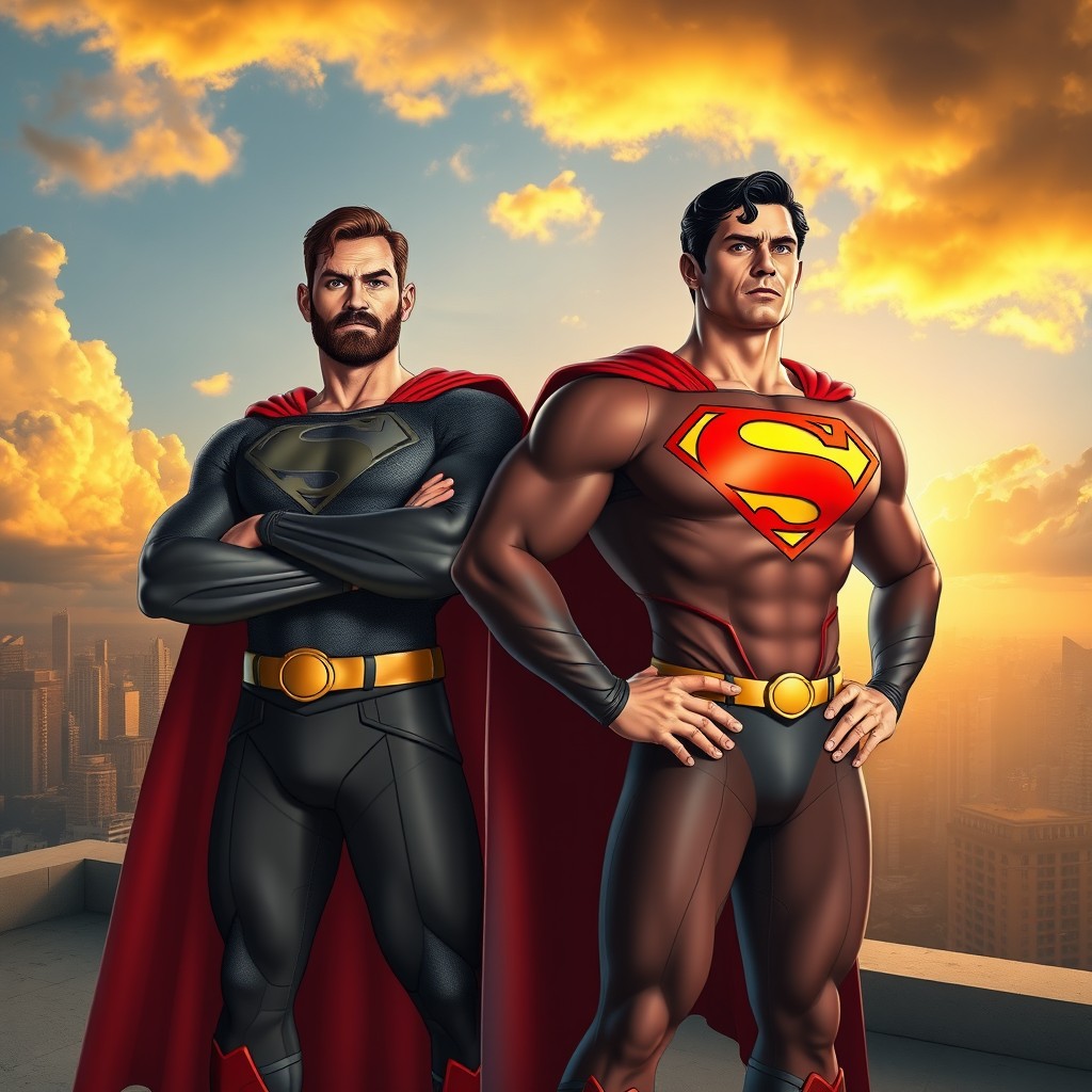 Homelander and Superman standing side by side on a rooftop at sunset, both facing forward with stern expressions