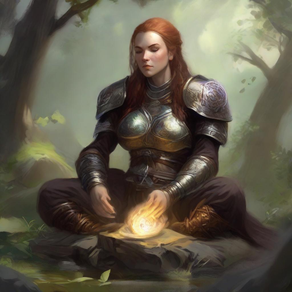 energy made from splinters and earth floats around a female dwarven kineticist that meditates amid nature while wearing her heavy armor