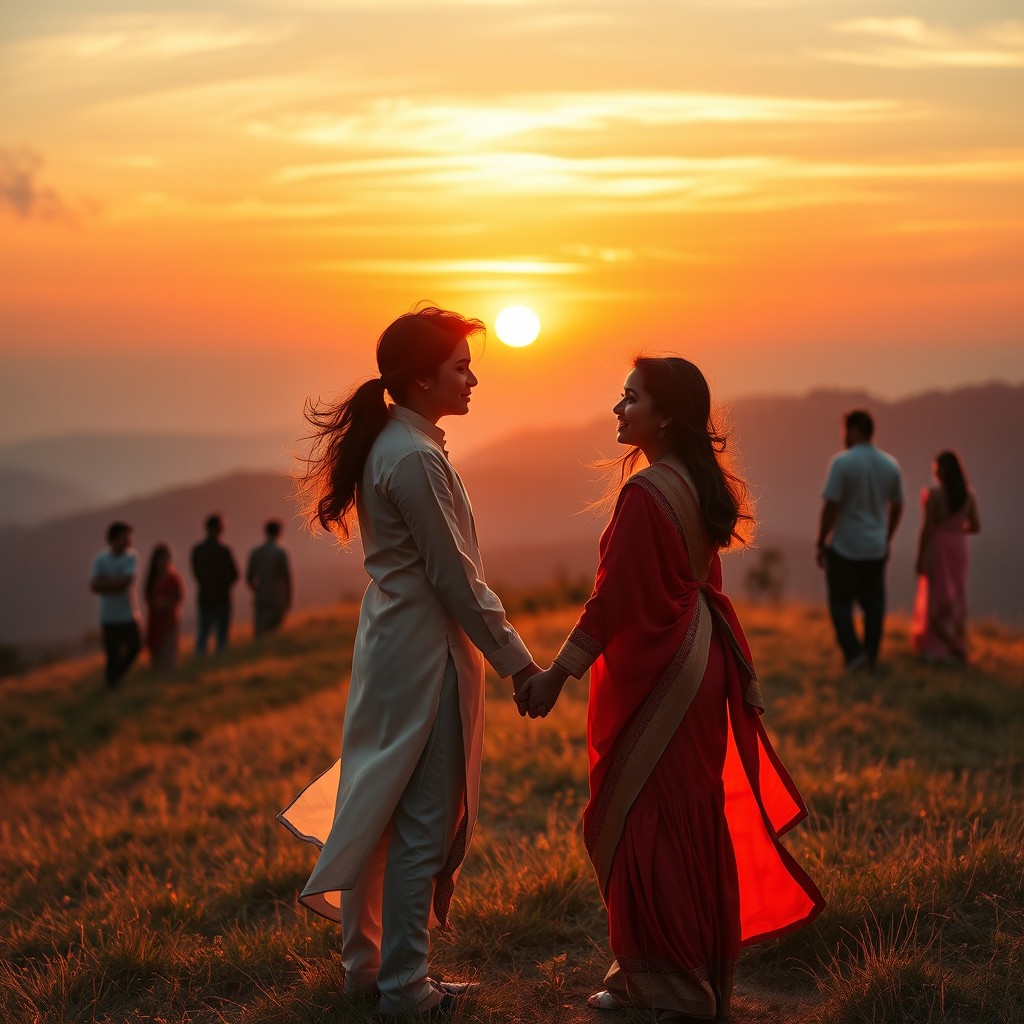 An emotionally rich scene depicting a young couple holding hands on a picturesque hillside, with a stunning sunset casting golden hues across the sky