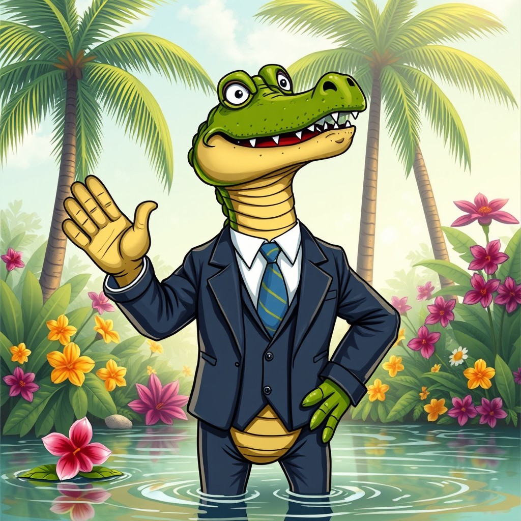A surreal and whimsical illustration of a Filipino politician transformed into a crocodile, wearing a suit and tie