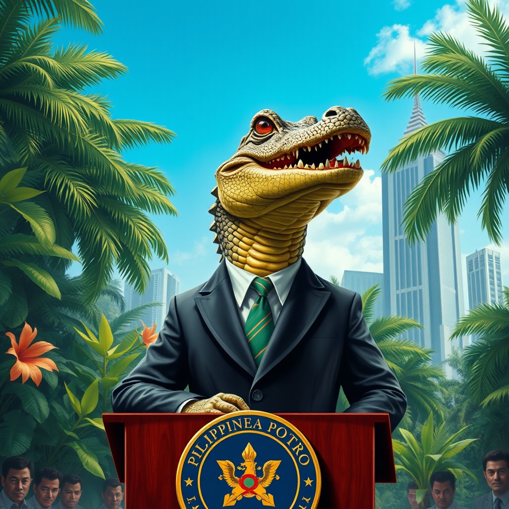 A surreal depiction of a politician from the Philippines as a crocodile, dressed in a tailored suit, standing confidently behind a podium