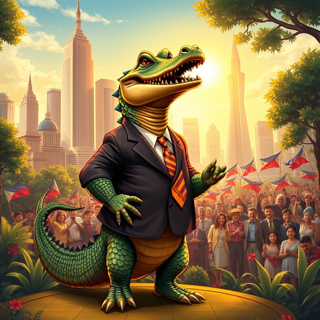 A surreal caricature of a politician in the Philippines depicted as a crocodile, with a sharp suit on its scaly body, a tie that resembles traditional Filipino fabric, standing confidently in a stylized version of the Philippine capital city with iconic landmarks in the background