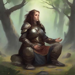 energy made from splinters and earth floats around a female dwarven kineticist that meditates amid nature while wearing her heavy armor