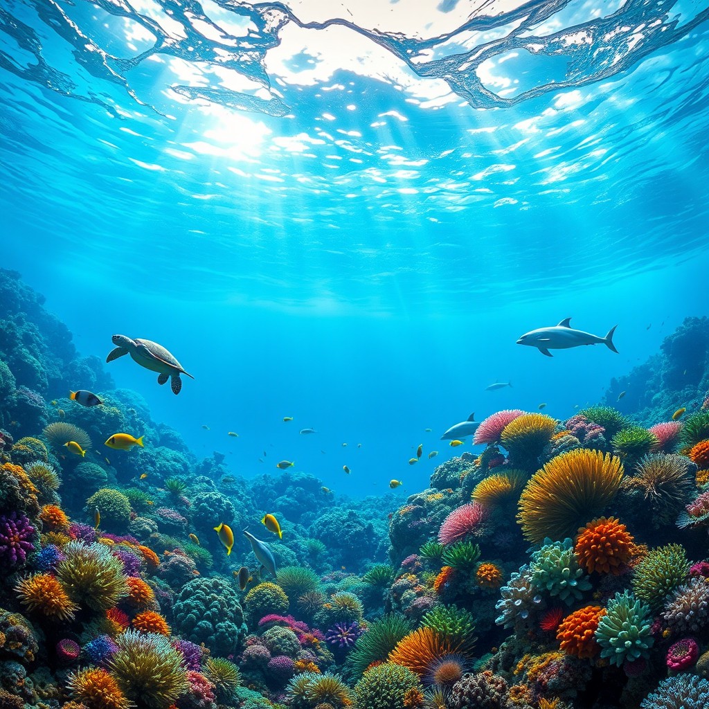 A serene underwater scene showcasing a vibrant marine ecosystem