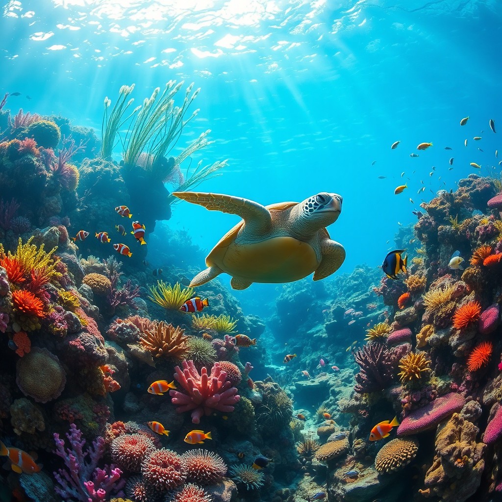 A vibrant underwater scene showcasing a rich marine environment