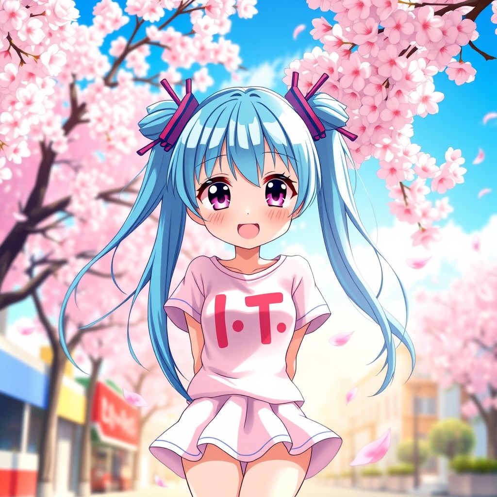 A vibrant and colorful anime girl with long, flowing blue hair styled in twin tails, wearing a cute and stylish outfit featuring a pastel-colored skirt and a graphic t-shirt
