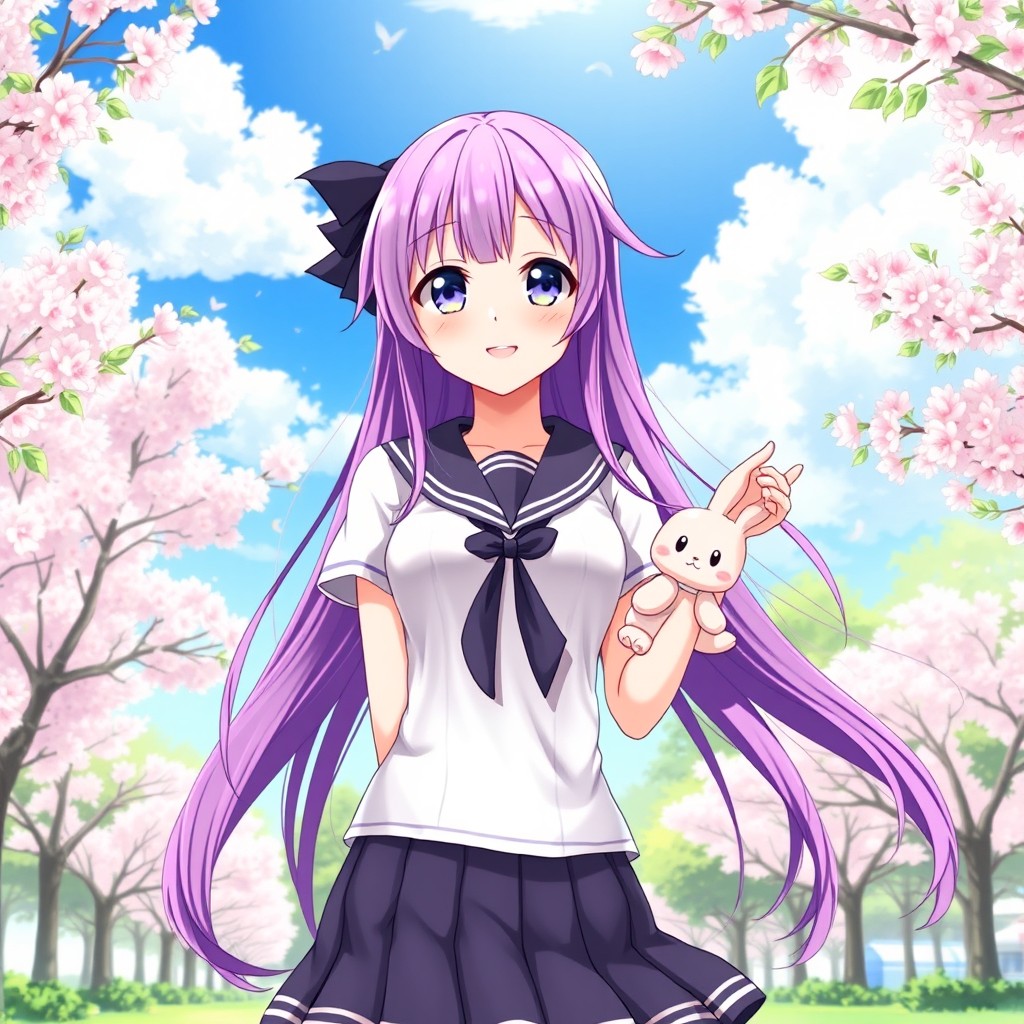 A beautifully detailed anime girl, featuring long flowing hair colored in a vibrant shade of purple, dressed in a cute and stylish sailor outfit with a pleated skirt
