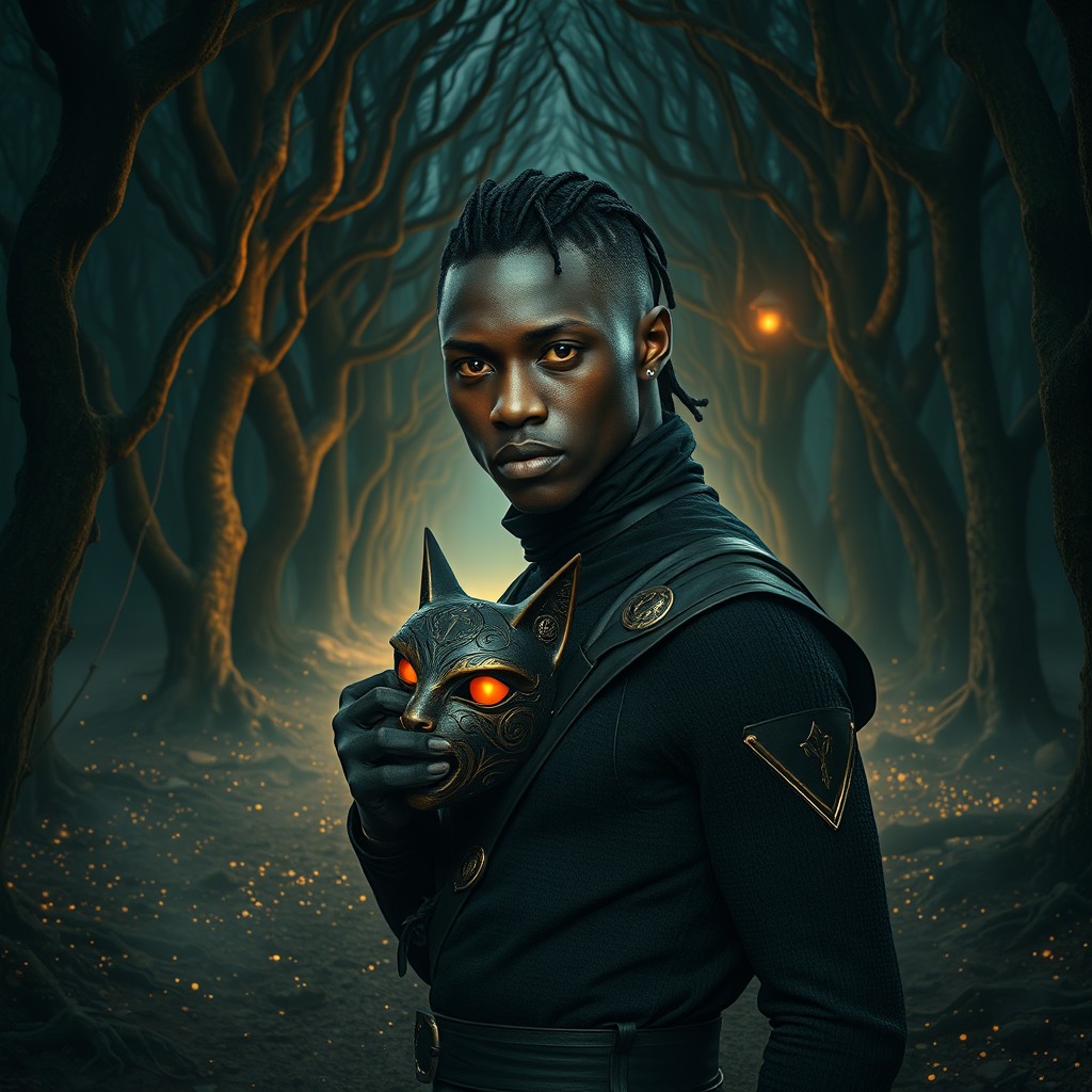 A hyper-realistic, ultra-detailed modern dark fantasy scene featuring a striking Black man resembling Rome Flynn at the center of a haunted forest path at night