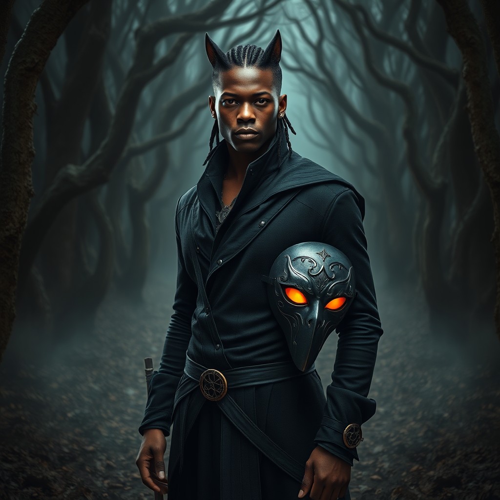A hyper-realistic, ultra-detailed modern dark fantasy scene featuring a striking Black man resembling Rome Flynn, who stands confidently at the center of a haunted forest path at night