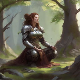 energy made from splinters and earth floats around a female dwarven kineticist that meditates amid nature while wearing her heavy armor