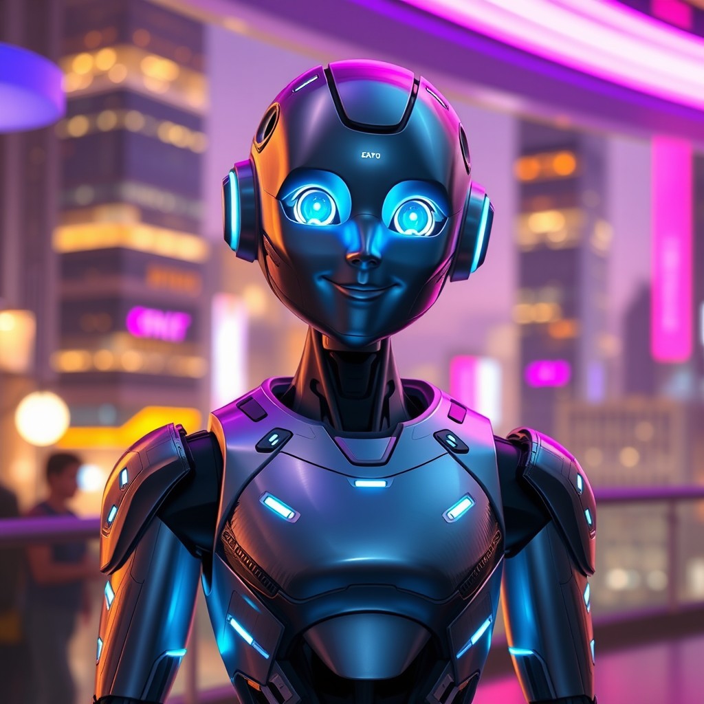 A humanoid robot designed to resemble a human, with a sleek metallic surface and LED features