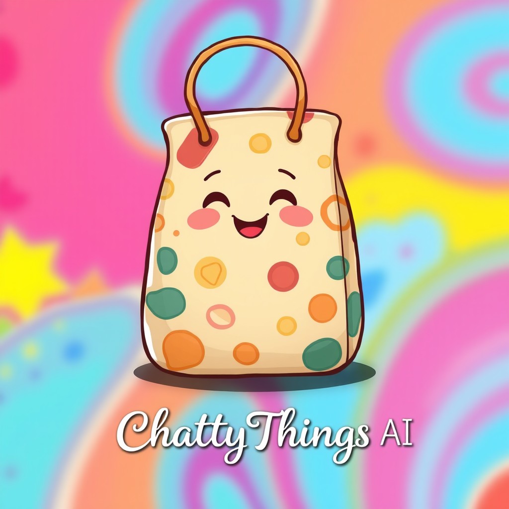 A realistic profile picture of a cheerful, smiling bag, cartoonish yet textured, with various playful patterns