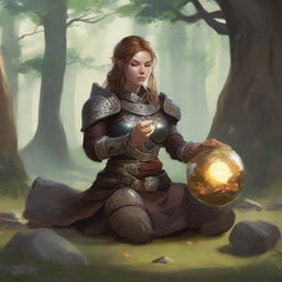 energy made from splinters and earth floats around a female dwarven kineticist that meditates amid nature while wearing her heavy armor