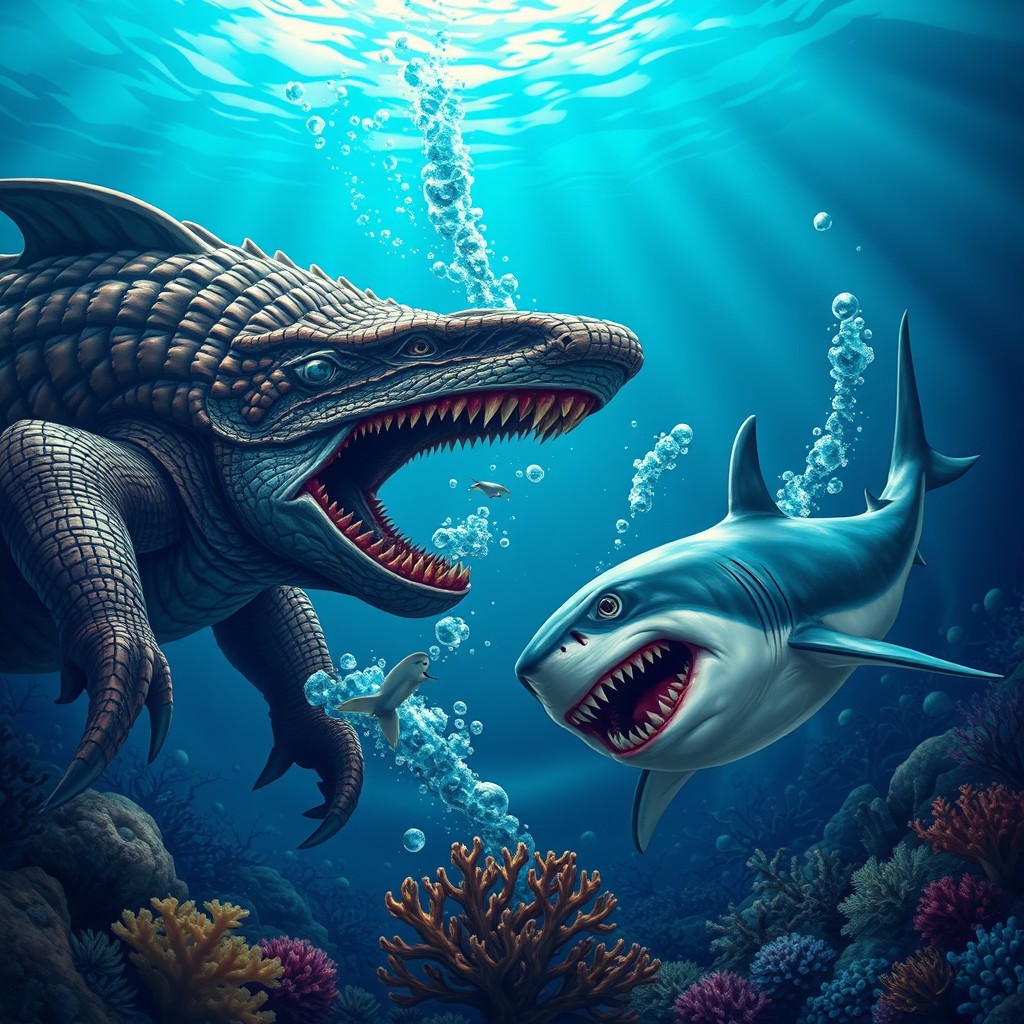 A vibrant underwater scene featuring a fierce shark swimming in the ocean, engaged in an epic battle with a massive sea monster