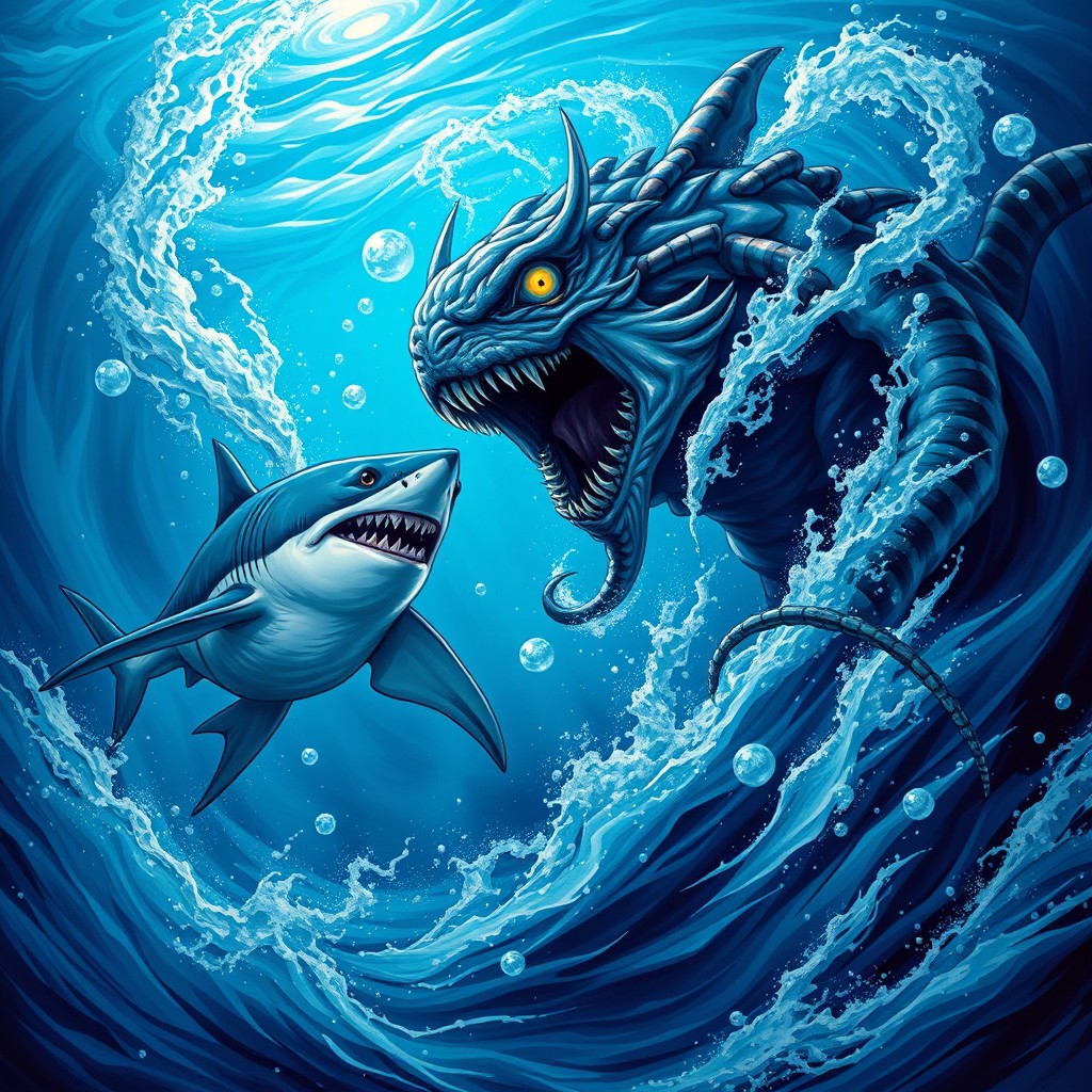 A dynamic ocean scene featuring a fierce shark battling a gigantic sea monster amidst swirling blue waters