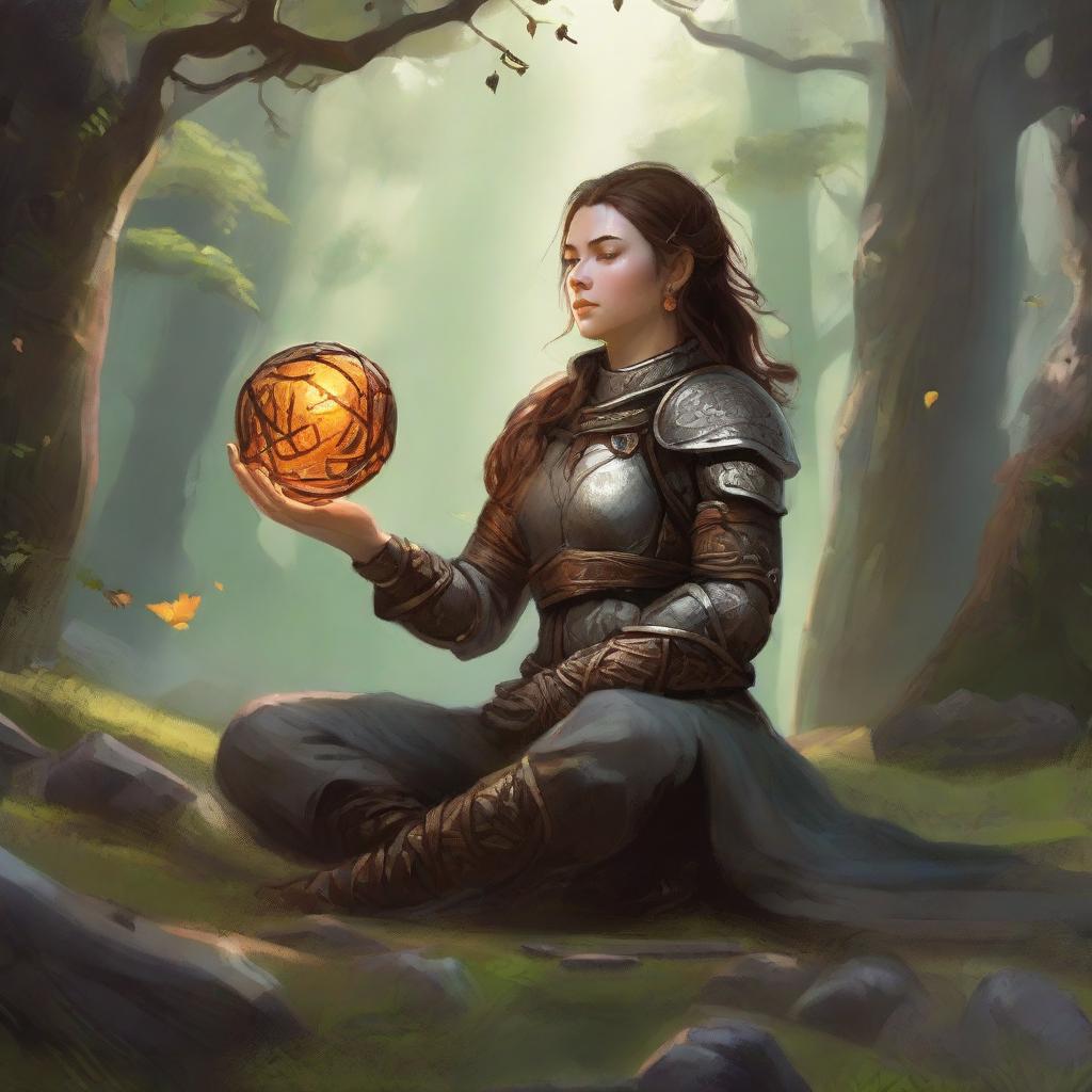 energy made from splinters and earth floats around a female dwarven kineticist that meditates amid nature while wearing her heavy armor