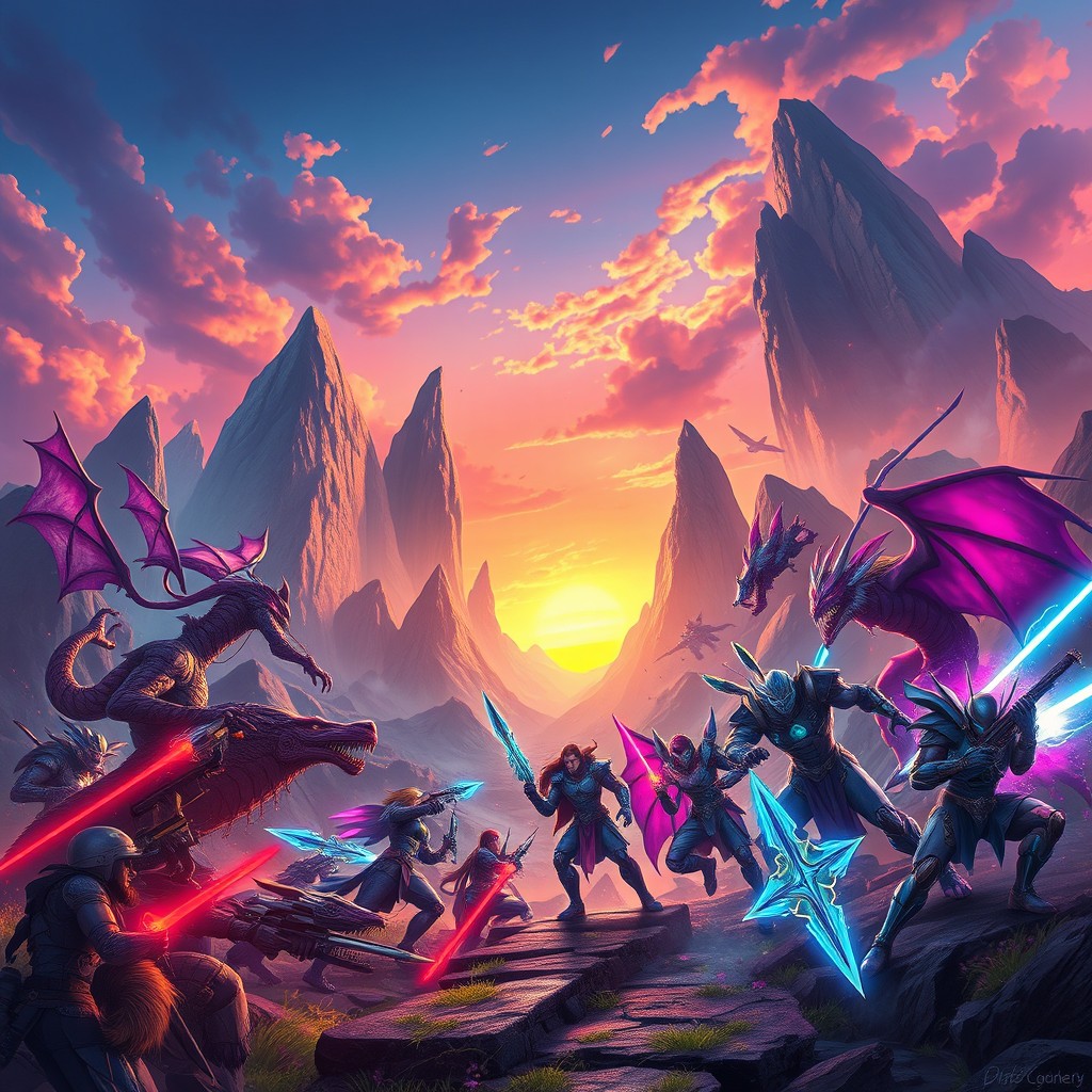 A dynamic and vibrant gaming wallpaper, featuring an epic fantasy landscape with towering mountains and a colorful sunset