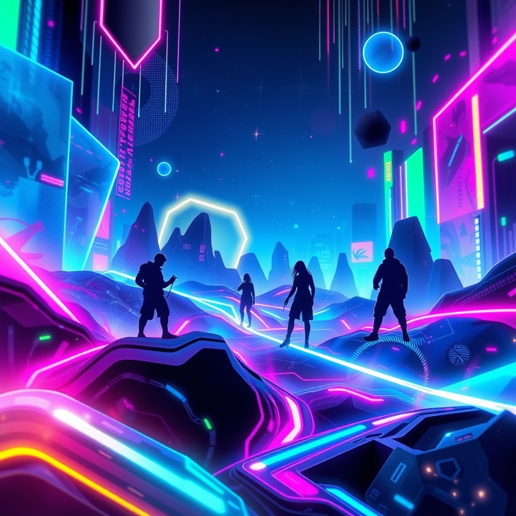 A modern and colorful gaming wallpaper featuring a dynamic and vibrant digital landscape with futuristic elements
